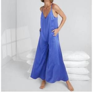 LUNYA washable silk elastic strap jumpsuit in athenian blue EUC